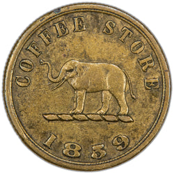 Reverse of a Ceylon 1859 A. & B. Scott & Co. Colombo Coffee Store brass 6d token (Pridmore #88, SKU: SP2888), depicting an elephant facing left with the legend COFFEE STORE above and the date 1859 below.