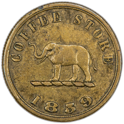 Reverse of a Ceylon 1859 A. & B. Scott & Co. Colombo Coffee Store brass 6d token (Pridmore #88, SKU: SP2888), depicting an elephant facing left with the legend COFFEE STORE above and the date 1859 below.