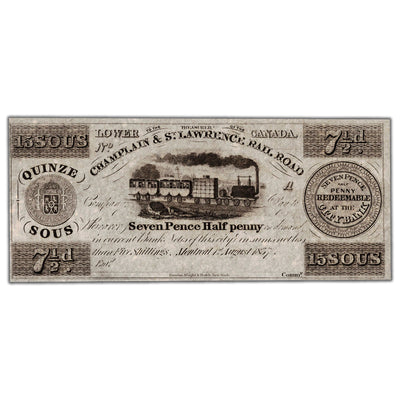 Champlain & St. Lawrence Rail Road 1837 15 Sous Remainder Note - Uncirculated