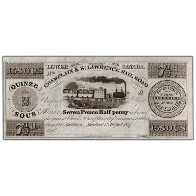 Champlain & St. Lawrence Rail Road 1837 15 Sous Remainder Note - Uncirculated
