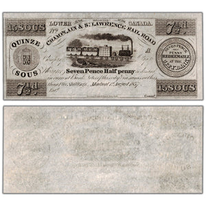 Champlain & St. Lawrence Rail Road 1837 15 Sous Remainder Note - Uncirculated