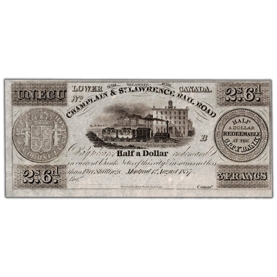 SOLD Champlain & St. Lawrence Rail Road 1837 1 Ecu Remainder Note - Uncirculated