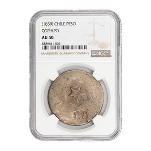 Chile N.D (1859) City of Copiapo One Peso Silver Coin - NGC AU-50