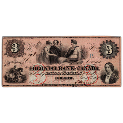 Colonial Bank of Canada 1859 $3 Chartered Note #130-10-04-06 - VF/EF (hole)