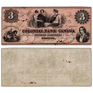 Colonial Bank of Canada 1859 $3 Chartered Note #130-10-04-06 - VF/EF (hole)