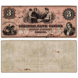 Colonial Bank of Canada 1859 $3 Chartered Note #130-10-04-06 - VF/EF (hole)