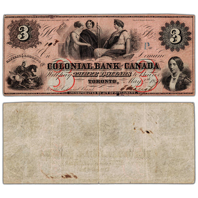 Colonial Bank of Canada 1859 $3 Chartered Note #130-10-04-06 - VF/EF (hole)