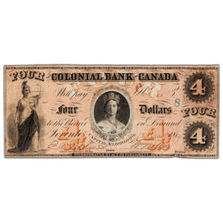 Colonial Bank of Canada 1859 $4 Chartered Note #130-10-02-08 - F/VF (previously mounted)