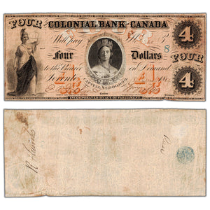 Colonial Bank of Canada 1859 $4 Chartered Note #130-10-02-08 - F/VF (previously mounted)