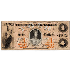 Colonial Bank of Canada 1859 $4 Chartered Note #130-10-02-08 - VF/EF (pinholes)