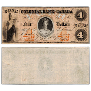 Colonial Bank of Canada 1859 $4 Chartered Note #130-10-02-08 - VF/EF (pinholes)