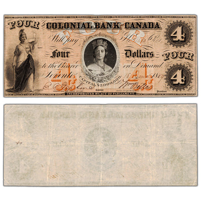 Colonial Bank of Canada 1859 $4 Chartered Note #130-10-02-08 - VF/EF (pinholes)