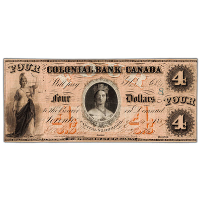 Colonial Bank of Canada 1859 $4 Chartered Note '8' Overprint #130-10-02-08 - VF+