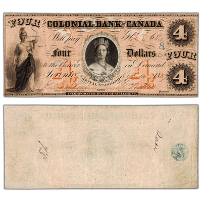 Colonial Bank of Canada 1859 $4 Chartered Note '8' Overprint #130-10-02-08 - VF+