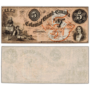 Colonial Bank of Canada 1859 $5 Note 2 Signatures #130-10-02-10 - VF+ (pinholes)