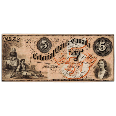 Colonial Bank of Canada 1859 $5 Note 2 Signatures #130-10-02-10 - VF+ (pinholes)