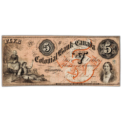 Colonial Bank of Canada 1859 $5 Chartered Note '8' Overprint #130-10-02-10 - VF