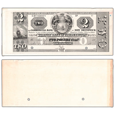 Commercial Bank of New Brunswick 1800s two pounds face proof note, catalog 180-10-04P, inventory cnbp60, stacked view showing both front and back proof sides.