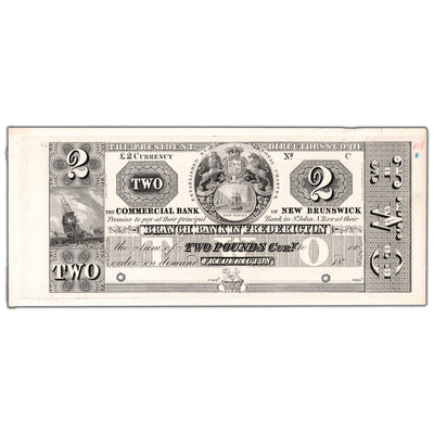 Front view of Commercial Bank of New Brunswick 1800s two pounds face proof note, issue number 180-10-04P, inventory cnbp60.