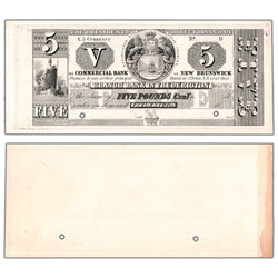 Commercial Bank of New Brunswick 1800s five pounds face proof note, catalog 180-10-06P, inventory cnbp62, stacked view showing both front and back proof sides.