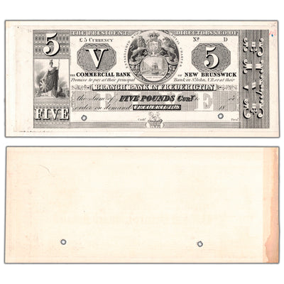 Commercial Bank of New Brunswick 1800s five pounds face proof note, catalog 180-10-06P, inventory cnbp62, stacked view showing both front and back proof sides.