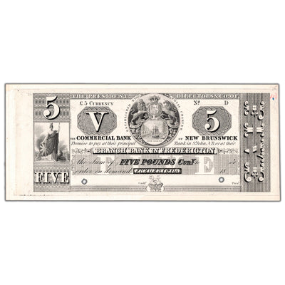 Front view of Commercial Bank of New Brunswick 1800s five pounds face proof note, issue number 180-10-06P, inventory cnbp62.