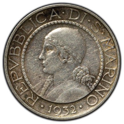 SOLD San Marino 1932 R 5 Lire Silver Coin KM #9