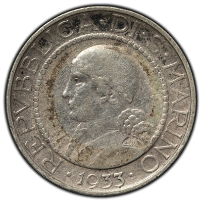 SOLD San Marino 1933 R 5 Lire Silver Coin KM #9