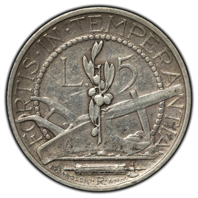 SOLD San Marino 1933 R 5 Lire Silver Coin KM #9