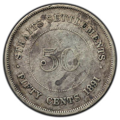 Straits Settlements 1891 50 Cents Silver Coin KM #13