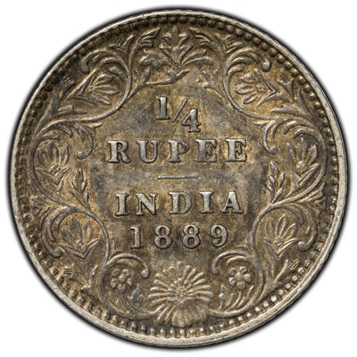SOLD India 1889 B Incuse Mint Mark 1/4 Rupee Silver Coin KM #490