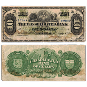 The Consolidated Bank 1876 $10 Chartered Note #205-10-06 - F/VF (stained/pinholes)