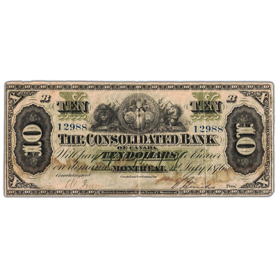 Front view of The Consolidated Bank 1876 ten dollar chartered banknote, issue number 205-10-06, serial number 12988, grading F/VF with noticeable staining and minor pinholes.