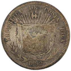 Obverse of an ungraded Costa Rica 1892 10 Centavos silver coin (Serial/SKU: SP2971), featuring the national coat of arms of Costa Rica displaying three volcanoes, two ships in ocean harbors, and stars above, surrounded by "AMERICA CENTRAL" and "REPUBLICA DE COSTA RICA" with the date "1892" below.