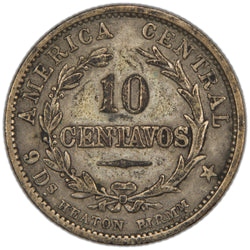 Reverse of an ungraded Costa Rica 1892 10 Centavos silver coin (KM# 133 / HEATON mint mark, Serial/SKU: SP2971), displaying the denomination "10 CENTAVOS" within a tied laurel wreath, encircled by the fineness and weight specifications "500 GRS." and "9 D. RE. 750 C. M.".