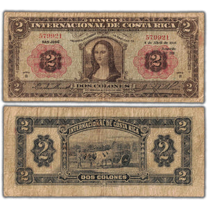 Costa Rica 1934 2 Two Colones Note Mona Lisa P #167 - Circulated