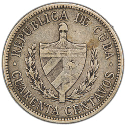 Obverse of an ungraded Cuba 1915 40 Centavos silver coin (Serial/SKU: SP2967), featuring the five-pointed star of Cuba surrounded by rays of light, encircled by the national motto "PATRIA Y LIBERTAD", the weight "10 G.", the date "1915", and fineness "90M".