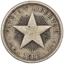 Reverse of an ungraded Cuba 1915 40 Centavos silver coin (KM# 14.1 / Charles Barber design, Serial/SKU: SP2967), displaying the coat of arms of Cuba supported by a laurel branch and oak branch, encircled by the country legend "REPUBLICA DE CUBA" above and the denomination "CUARENTA CENTAVOS" below.