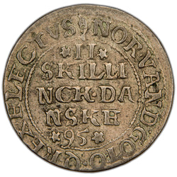 Reverse of a Denmark 1595 2 Skilling silver coin (SKU: SP2808), displaying the value inscription II SKILLINCK DANSKE across four lines with the date 95 below within a pearled circle, surrounded by the outer legend NOR VAND GOTO Q REX ELECTUS.