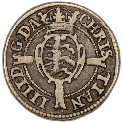 Obverse of a Denmark 1624 24 Skilling Dansk silver coin of King Christian IV (H-130, SKU: SP2814), featuring the crowned oval coat of arms shield of Denmark over a long cross within a beaded circle, with the surrounding Latin legend divided into four parts by the cross arms.