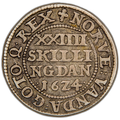 Reverse of a Denmark 1624 24 Skilling Dansk silver coin (H-130, SKU: SP2814), displaying the value inscription XXIIII SKILLI NG DAN across four lines above the date 1624 within a pearled circle, surrounded by the outer legend and clover mintmark.