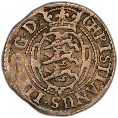 Obverse of a Denmark 1628 6 Skilling Dansk silver coin of King Christian IV (H-139A, SKU: SP2815), featuring the crowned ornate oval coat of arms shield of Denmark within a beaded circle, surrounded by the outer Latin legend.
