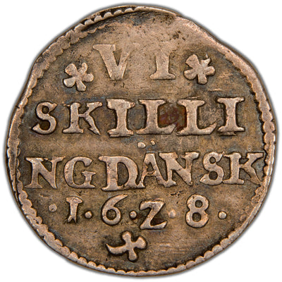 Reverse of a Denmark 1628 6 Skilling Dansk silver coin (H-139A, SKU: SP2815), displaying the value inscription VI SKILLI NG DANSK and the date 1628 across four lines, with a mintmark within a pearled circle.