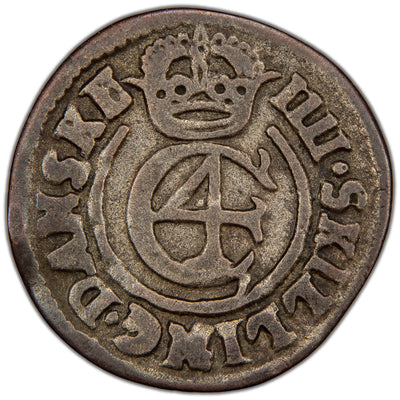 Obverse of a Denmark 1645 4 Skilling Dansk silver coin (Hebræermønt issue) of King Christian IV (H-150, SKU: SP2813), featuring the crowned C4 royal monogram of King Christian IV within a inner circle, surrounded by the outer legend IIII SKILLING DANSKE.