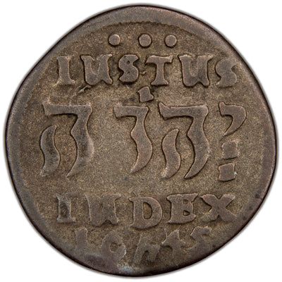 Reverse of a Denmark 1645 4 Skilling Dansk silver coin (Hebræermønt issue) (H-150, SKU: SP2813), featuring the Hebrew legend for Jehovah flanked by IUSTUS above and IUDEX with the date 1645 below.