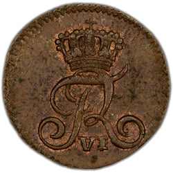 Obverse of a Denmark 1812 1 Skilling Dansk copper coin of King Frederik VI (H-15A, SKU: SP2810), featuring the crowned double FVI royal monogram of King Frederik VI.