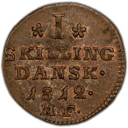 Reverse of a Denmark 1812 1 Skilling Dansk copper coin (H-15A, SKU: SP2810), displaying the value inscription 1 SKILLING DANSK across three lines above the date 1812.