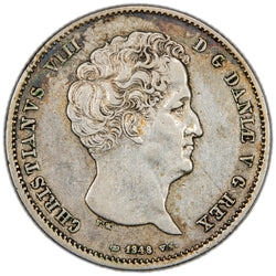 Obverse of a Denmark 1848 1 Rigsbankdaler silver coin (H-4A, SKU: SP2804), featuring the right-facing head portrait of King Christian VIII.