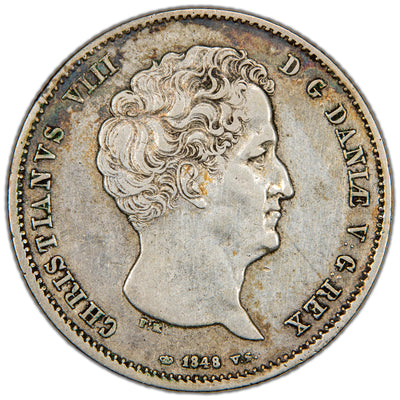 Obverse of a Denmark 1848 1 Rigsbankdaler silver coin (H-4A, SKU: SP2804), featuring the right-facing head portrait of King Christian VIII.