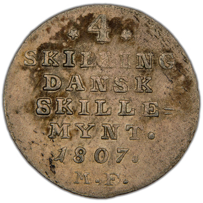 Reverse of a Denmark (Altona mint) 1807 4 Skilling silver coin (H-36, SKU: SP2816), displaying the value inscription 4 SKILLING DANSK SKILLE = MYNT across four lines, above the date 1807 flanked by the MF initials of mintmaster Michael Flor.